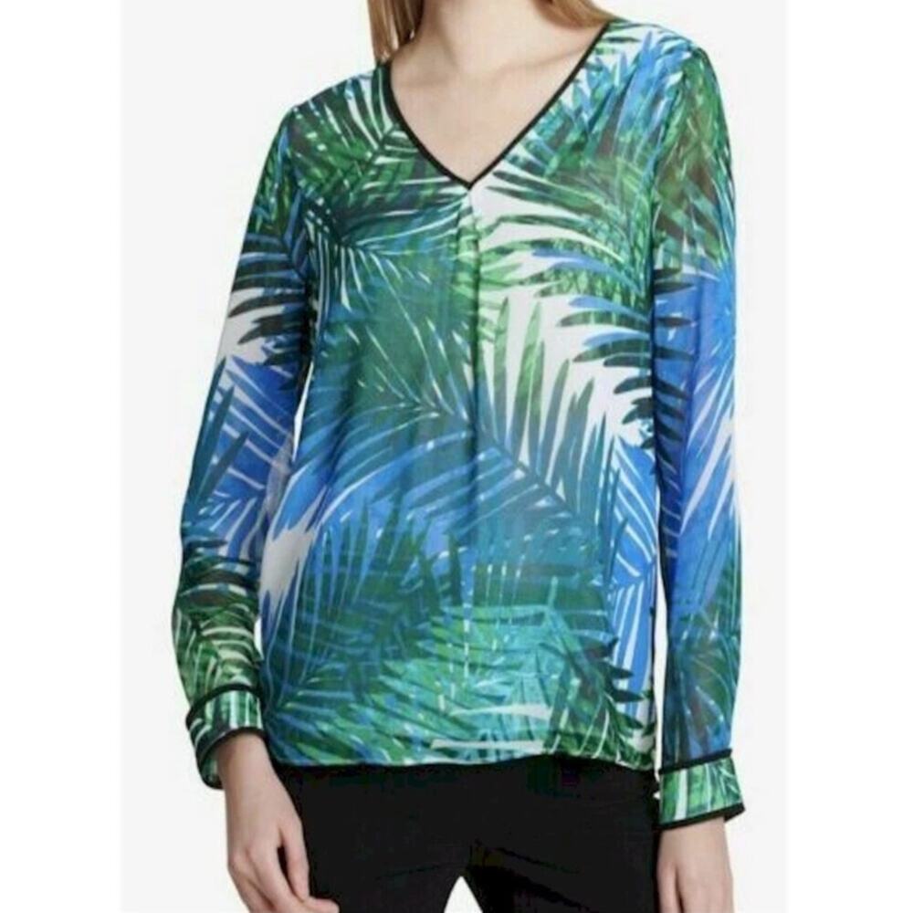 NWT Calvin Klein Top Blouse XS Tropical Long Sleeve Chiffon Pleated V Neck Crepe